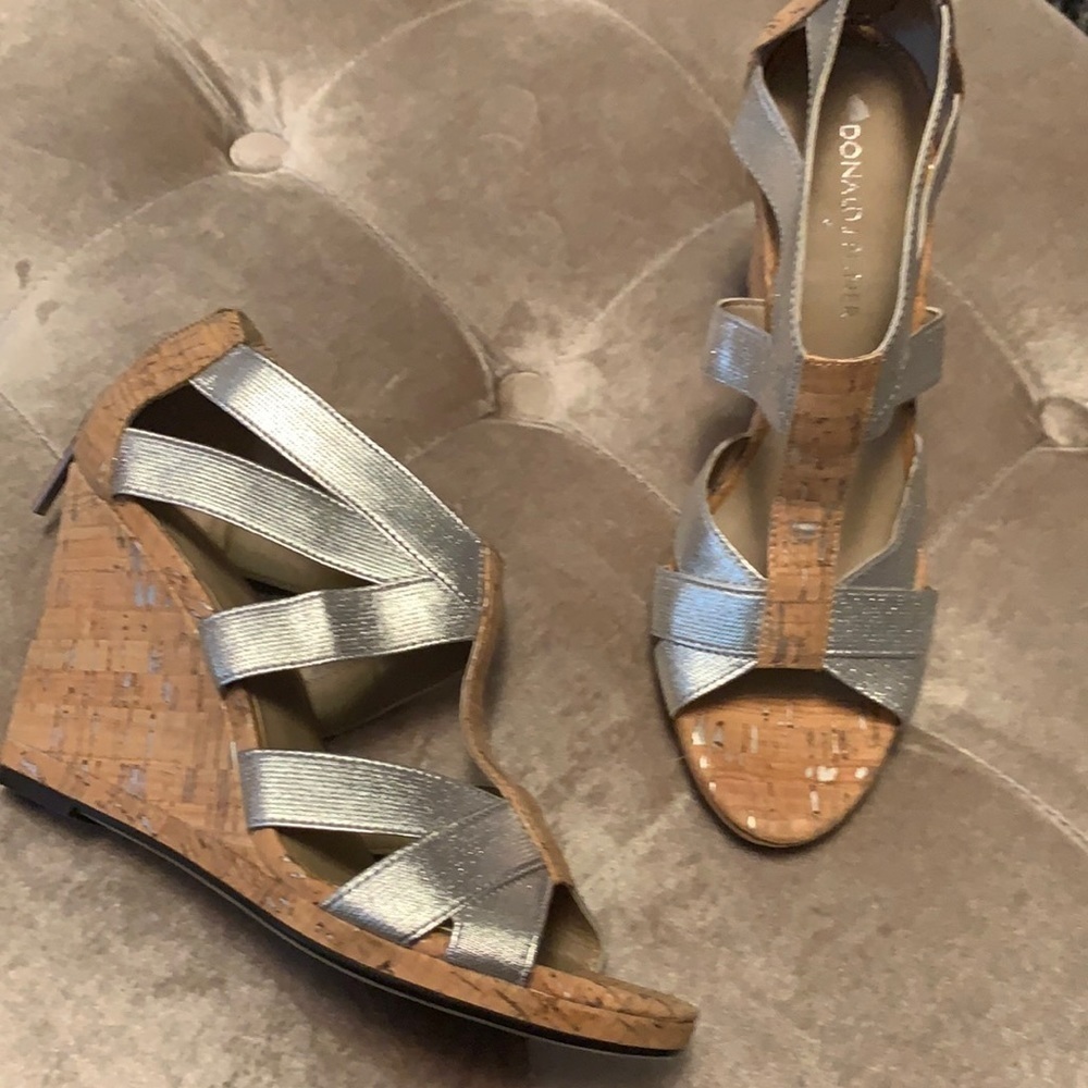 Donald J Pliner cork and silver strappy wedges